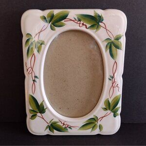 Vintage Ceramic 7" X 9" Frame Hand Painted Leaf Green Ivy Design Oval Photo